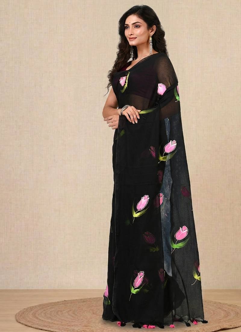 black printed mulmul soft saree