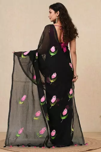 black printed mulmul soft saree
