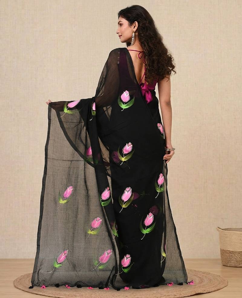 black printed mulmul soft saree