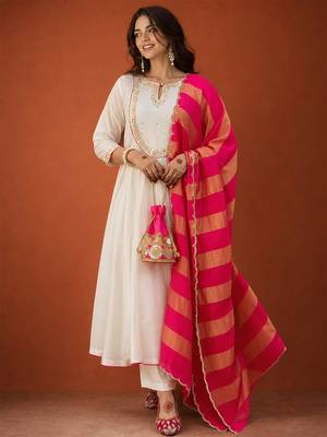Embroidered Chanderi Flared Kurta Pant and Dupatta Set 1