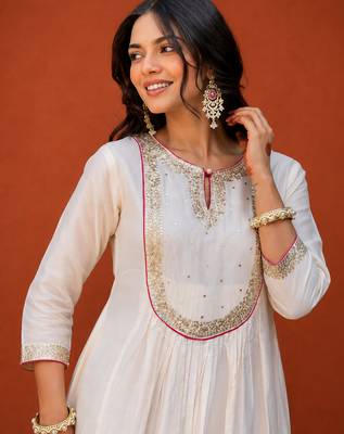 Embroidered Chanderi Flared Kurta Pant and Dupatta Set 2