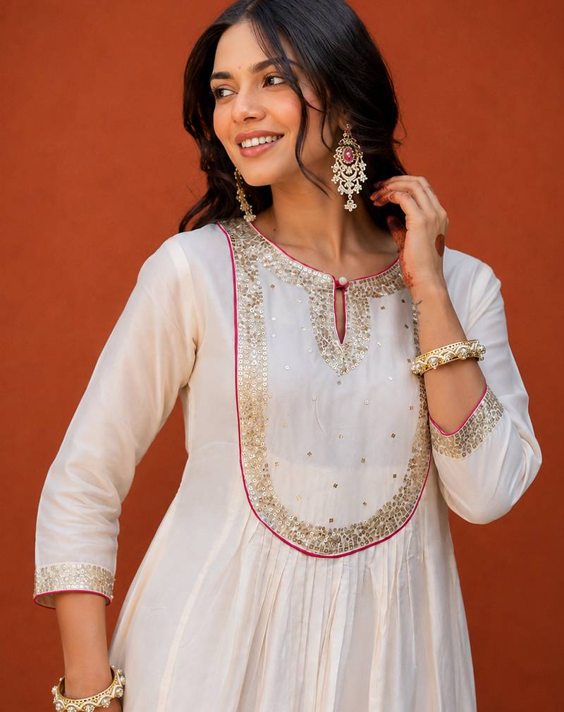 Embroidered Chanderi Flared Kurta Pant and Dupatta Set