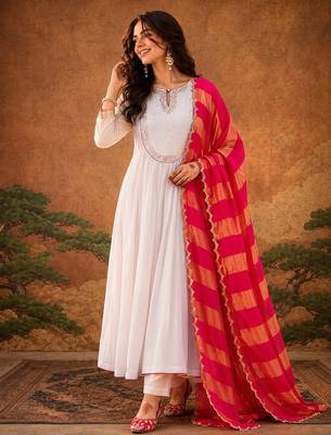 Embroidered Chanderi Flared Kurta Pant and Dupatta Set 3