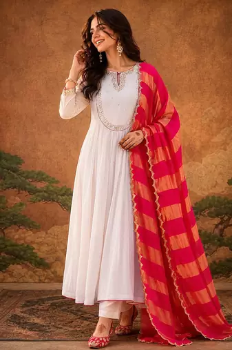 Embroidered Chanderi Flared Kurta Pant and Dupatta Set