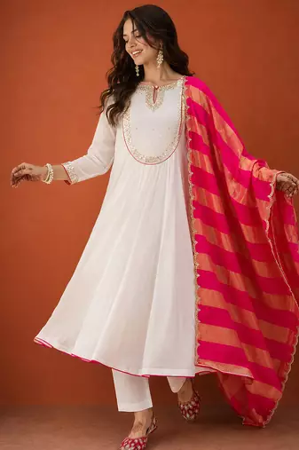 Embroidered Chanderi Flared Kurta Pant and Dupatta Set