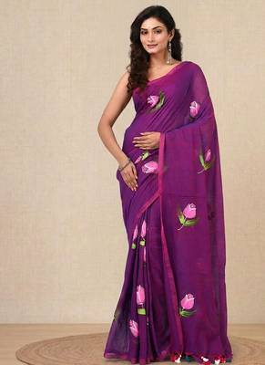 purple printed mulmul soft saree 1