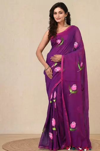 purple printed mulmul soft saree