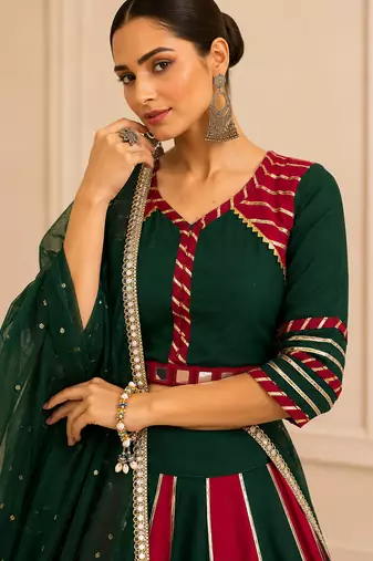 Green Cotton Handwork Navratri Lehenga Choli