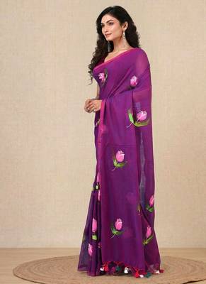 purple printed mulmul soft saree 2
