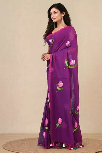 purple printed mulmul soft saree