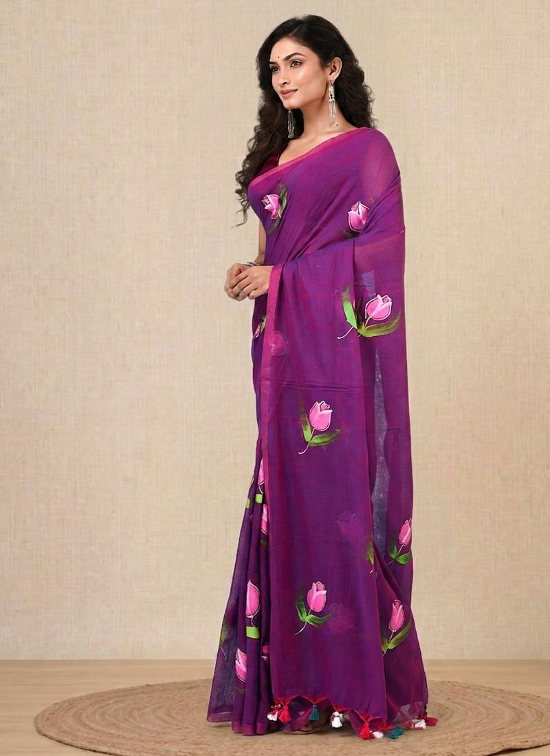purple printed mulmul soft saree