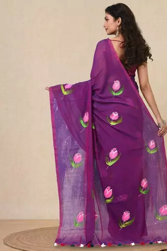 purple printed mulmul soft saree