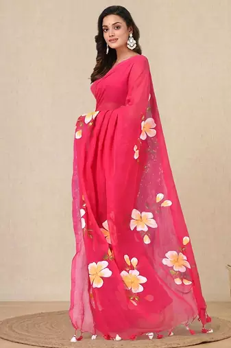fuchsia printed mulmul soft saree