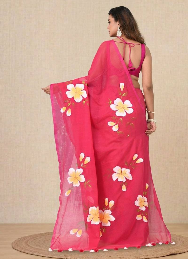 fuchsia printed mulmul soft saree
