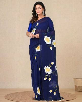 blue printed mulmul soft saree 1