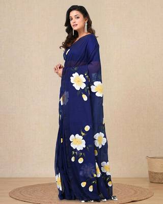 blue printed mulmul soft saree 2