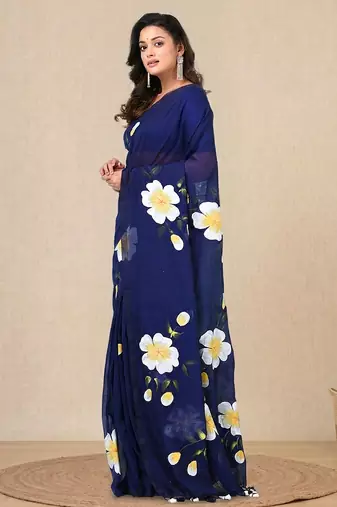 blue printed mulmul soft saree