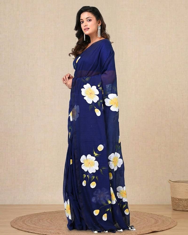 blue printed mulmul soft saree