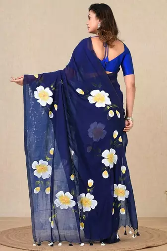 blue printed mulmul soft saree