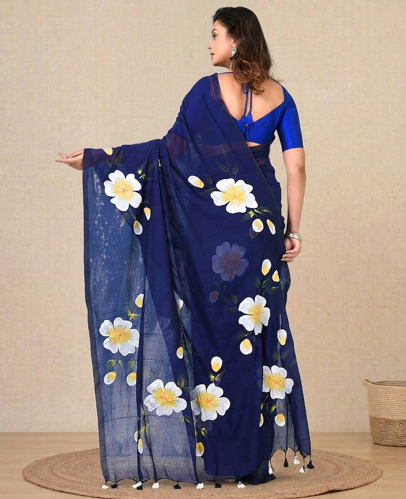 blue printed mulmul soft saree