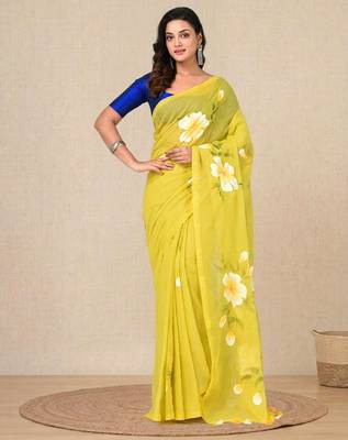 lime green printed mulmul soft saree 1