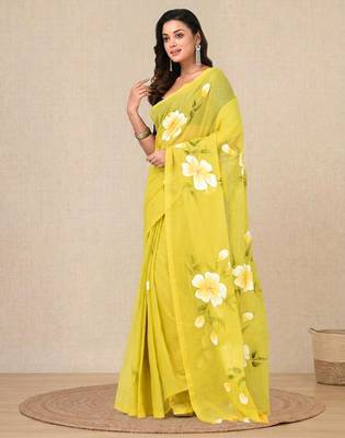 lime green printed mulmul soft saree 2