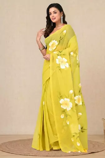 lime green printed mulmul soft saree