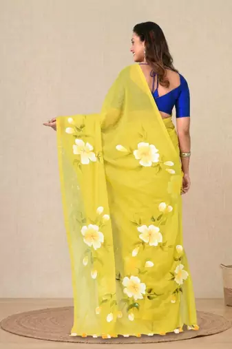lime green printed mulmul soft saree