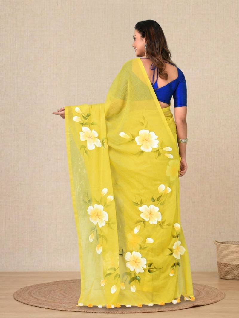 lime green printed mulmul soft saree