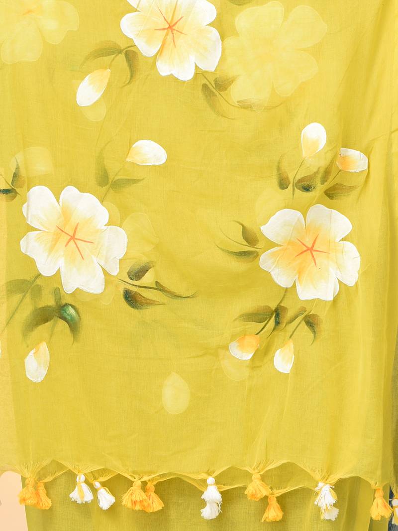 lime green printed mulmul soft saree