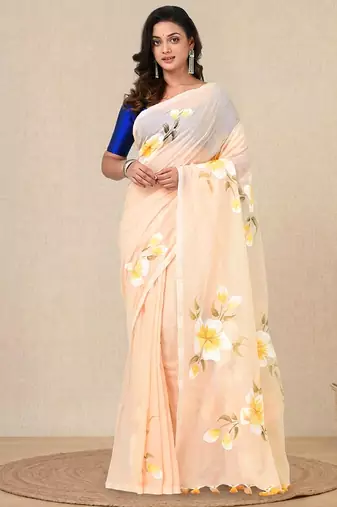 beige printed mulmul soft saree