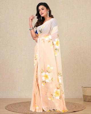 beige printed mulmul soft saree 2
