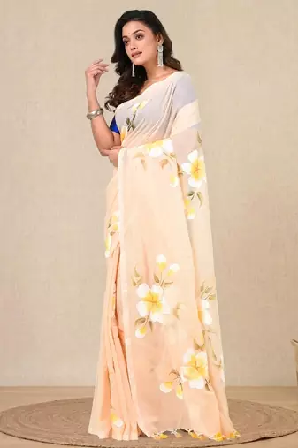 beige printed mulmul soft saree