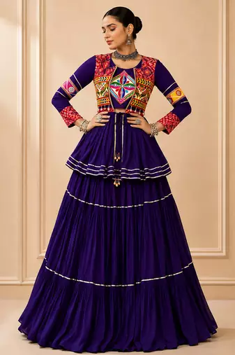 Purple Cotton Gamthi Work Lehenga Choli with Koti