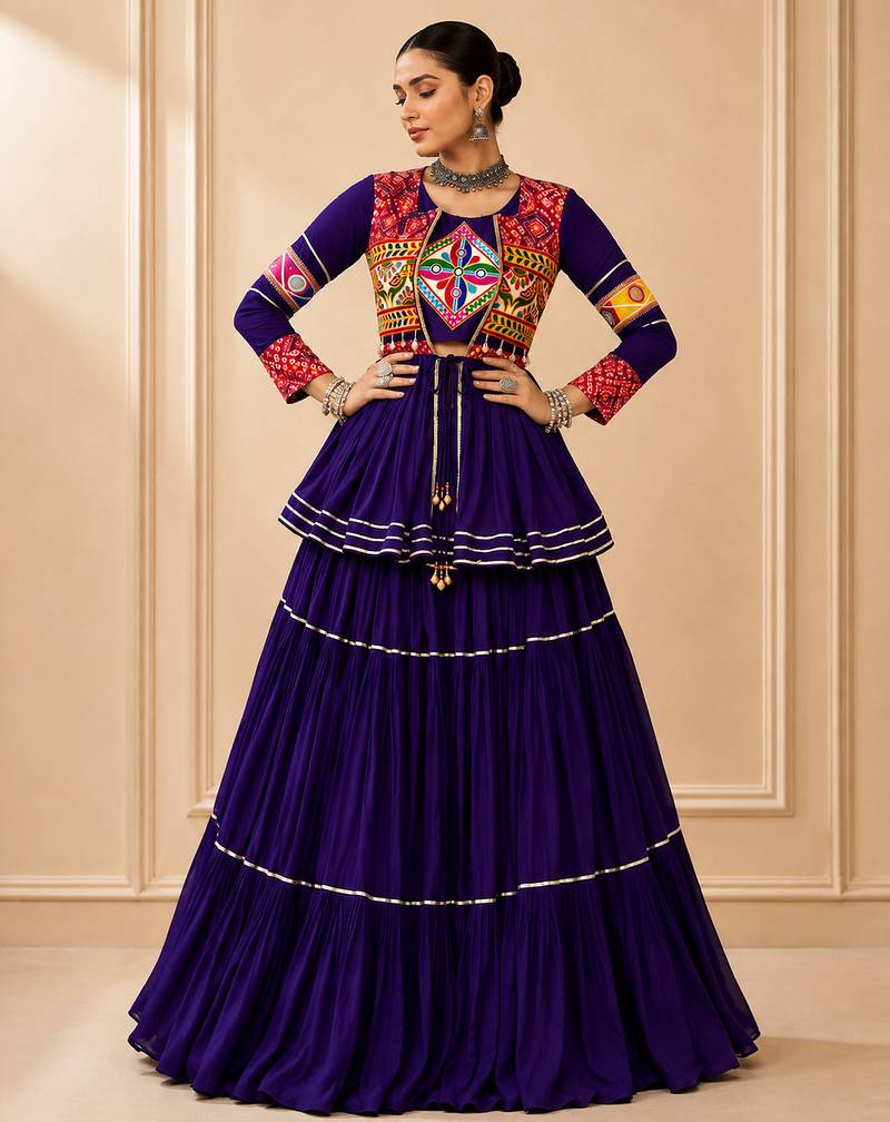 Purple Cotton Gamthi Work Lehenga Choli with Koti