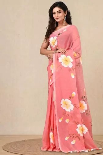 peach printed mulmul soft saree