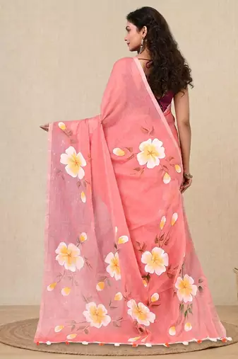 peach printed mulmul soft saree