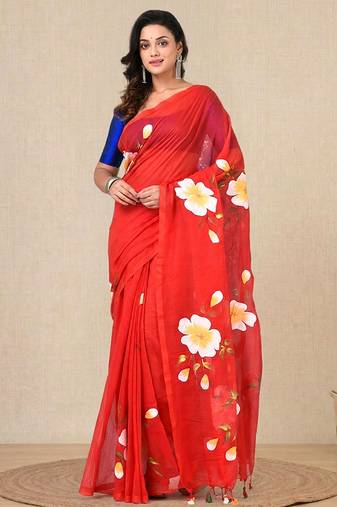 red printed mulmul soft saree