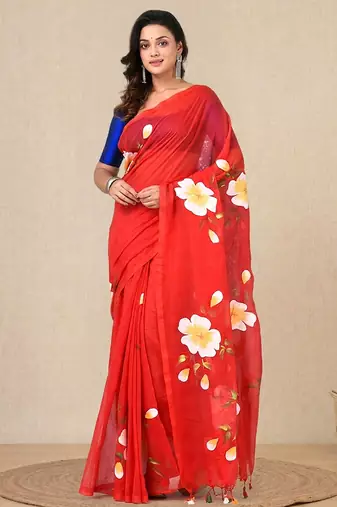 red printed mulmul soft saree