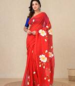 red printed mulmul soft saree