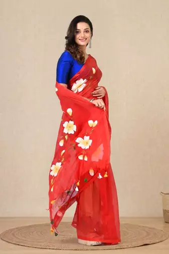 red printed mulmul soft saree
