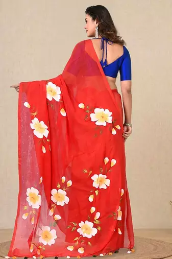 red printed mulmul soft saree