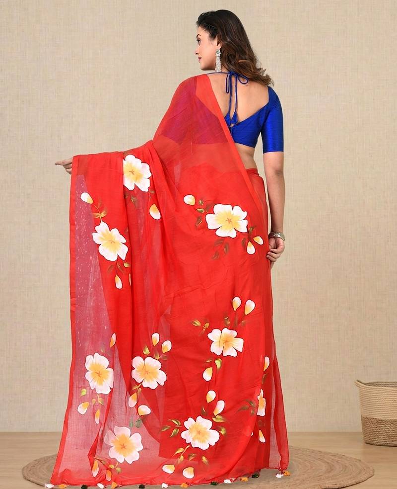 red printed mulmul soft saree