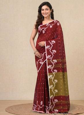 red geometric motifs cotton blend handspun soft saree 1
