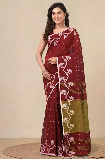 red geometric motifs cotton blend handspun soft saree