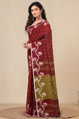 red geometric motifs cotton blend handspun soft saree