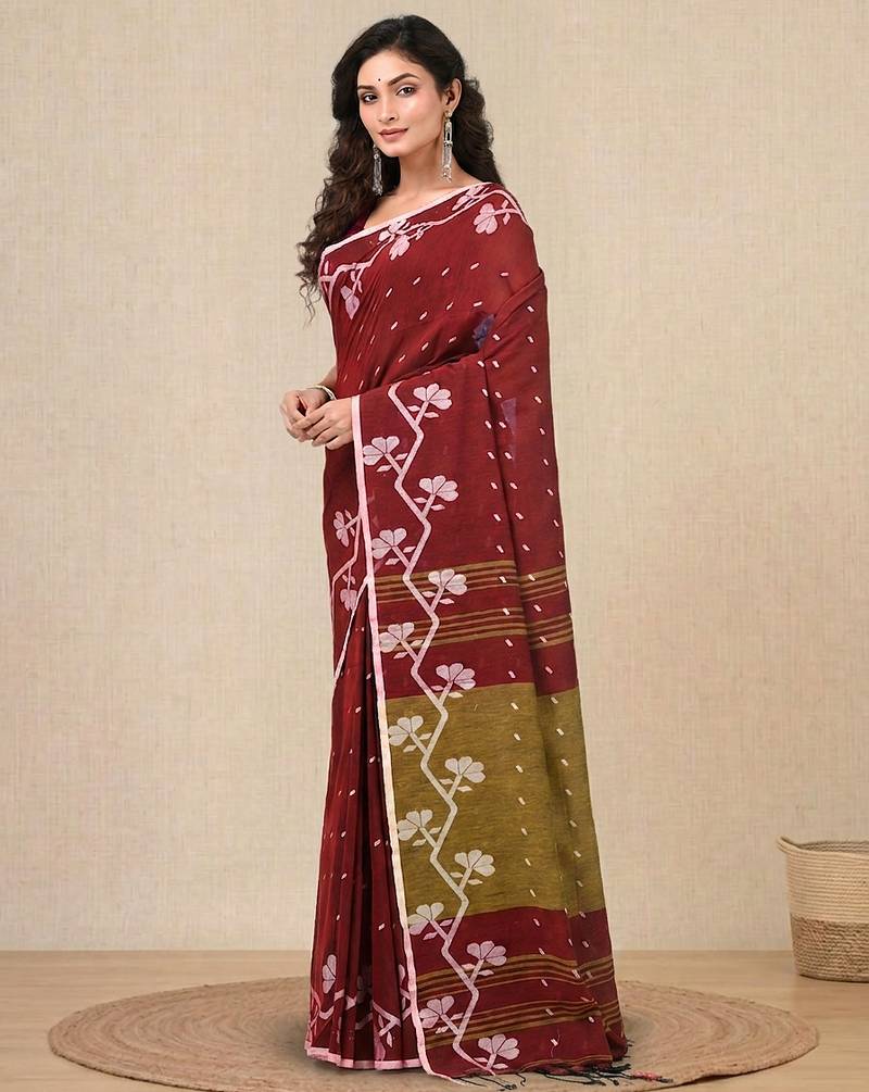red geometric motifs cotton blend handspun soft saree