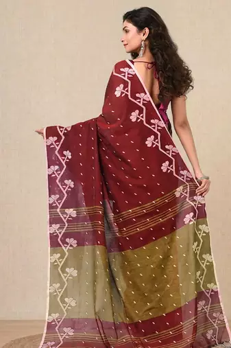 red geometric motifs cotton blend handspun soft saree