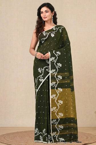 green geometric motifs cotton blend handspun soft saree