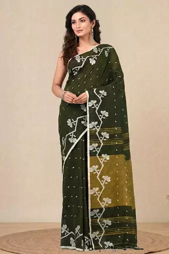 green geometric motifs cotton blend handspun soft saree
